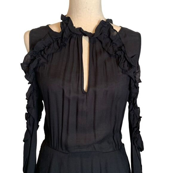Iro Hanie Black Cold Shoulder Ruffle Mini Dress| Size 8 - Picture 7 of 10